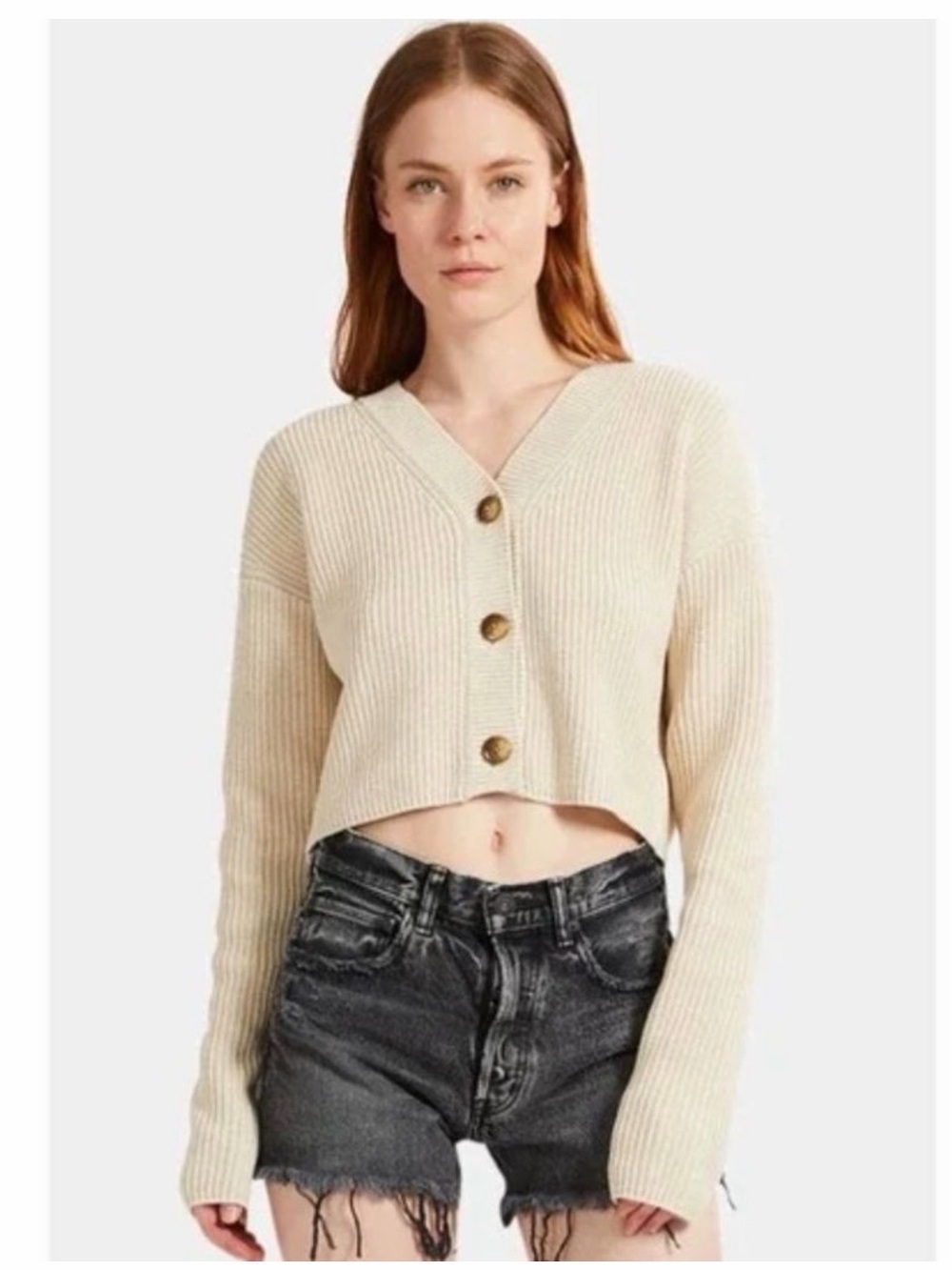 Moussy Vintage Cream Ribbed Stitch Cropped Cardigan